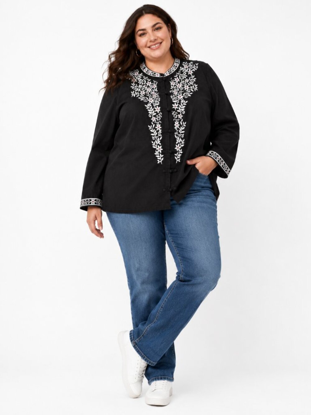 Talbots 3X Black Cotton Embroidered Floral Frog Closure Blouse Jacket Plus 3X